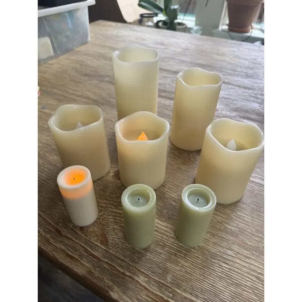 Set Of 8 Pillar Flameless Battery-Operated Wax Candles Ivory Sage. 3” 4” 5” 6”